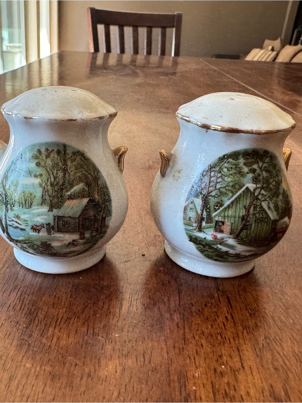 Vintage Ceramic Salt and Pepper Shakers with Winter Cabin Scene